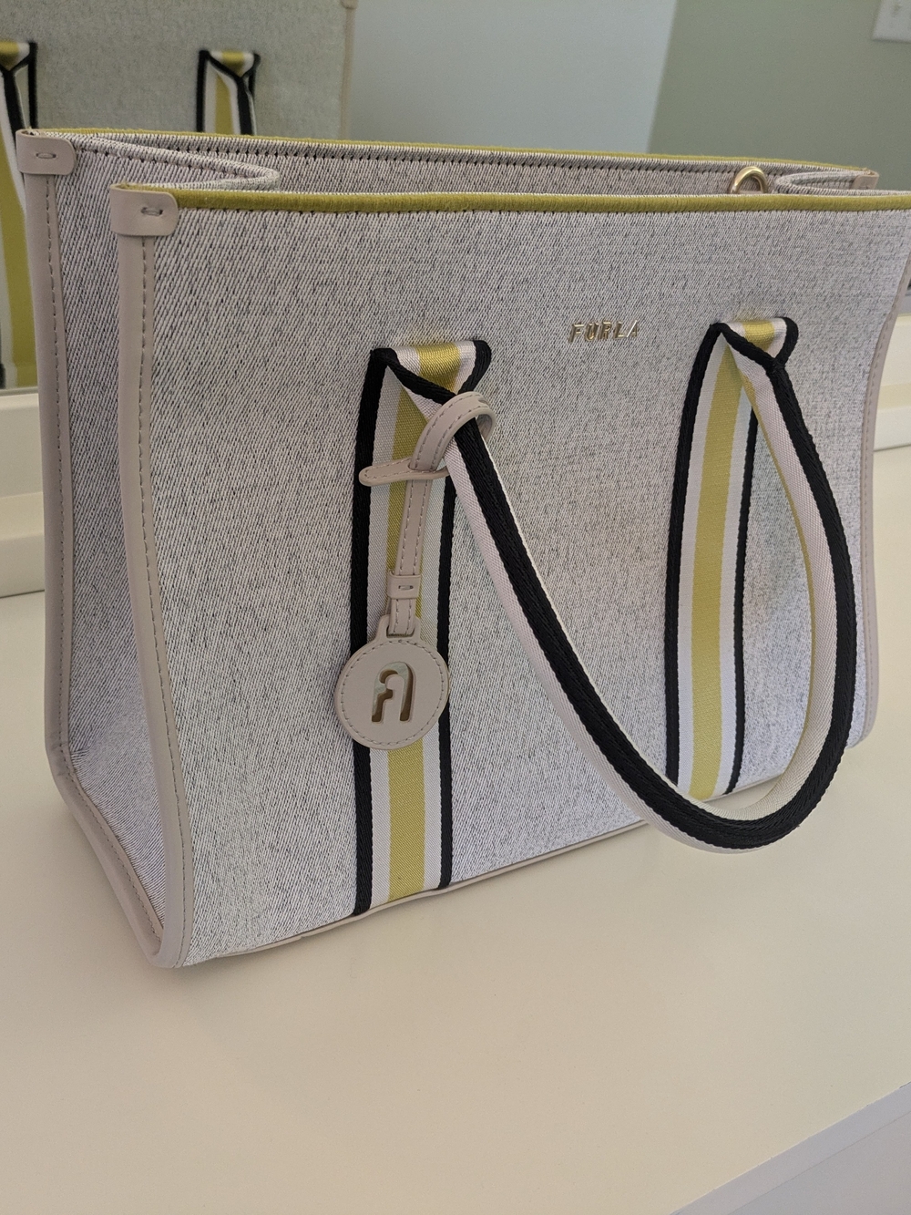 Furla White & Yellow Stripe Tote Bag